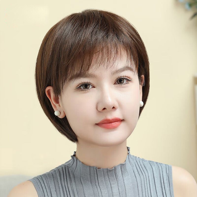 假发女全头套短发薄款真发全真人发丝波波头发套妈妈款自然真发套