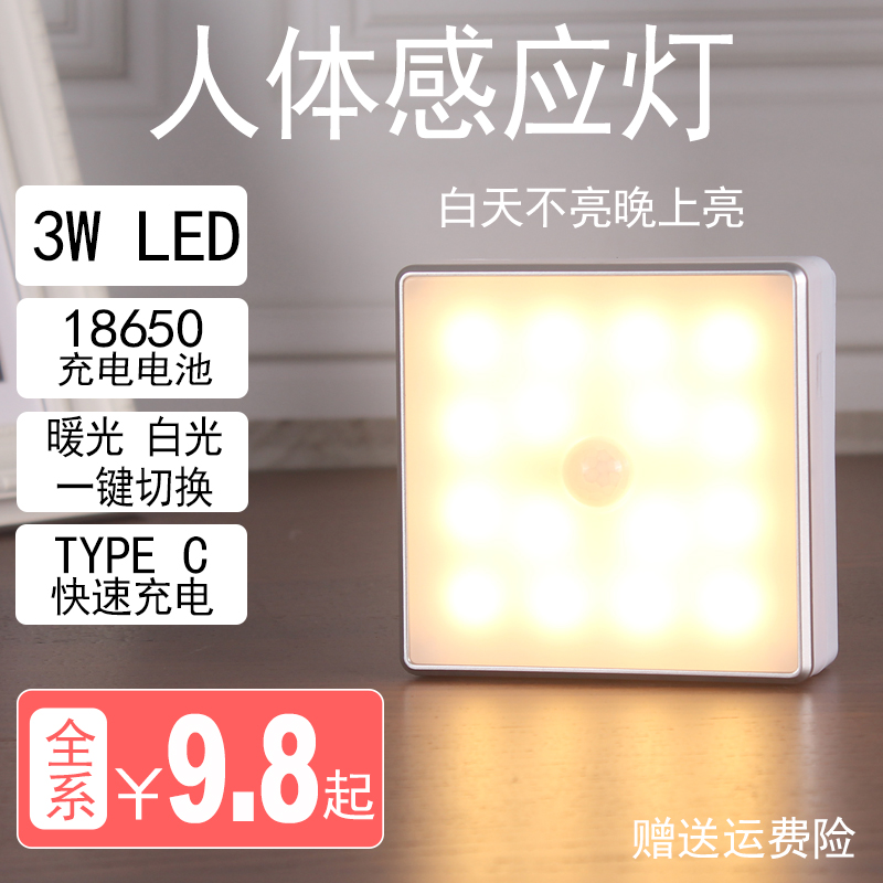 瑞莉思TYPE C充电18650电池人体感应夜灯3瓦双色LED玄关衣柜过道