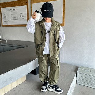 男童春秋款马甲套装2024新款儿童坎肩工装裤两件套男孩时髦秋装潮