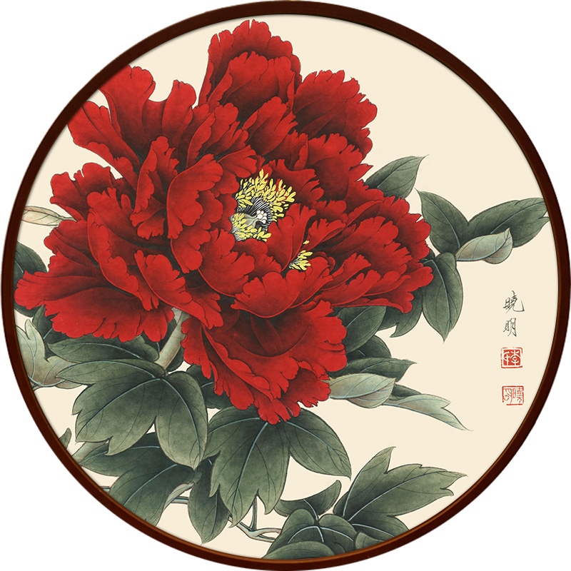 网红壁画挂画牡丹花玄关装饰画圆形背景墙电箱新中式餐厅花开富贵图片