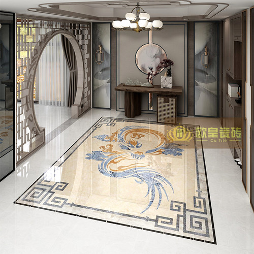 新中式客厅拼花地砖800x800龙凤呈祥入户玄关拼图瓷砖画抛晶砖