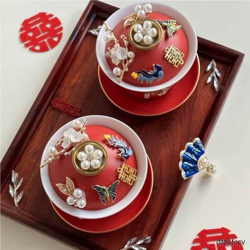 茶杯结见描述婚碗套敬装敬茶杯改口对碗酒红碗一对碗喜筷红色婚礼