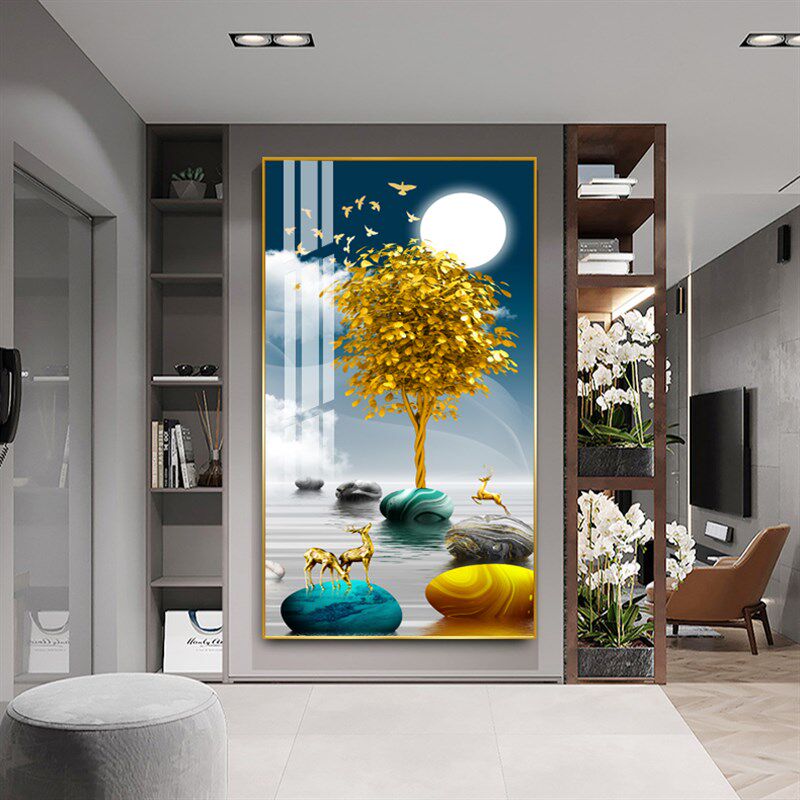 玄关晶瓷镶钻画i现代简约竖版挂画进门过道装饰画招财麋鹿墙面壁