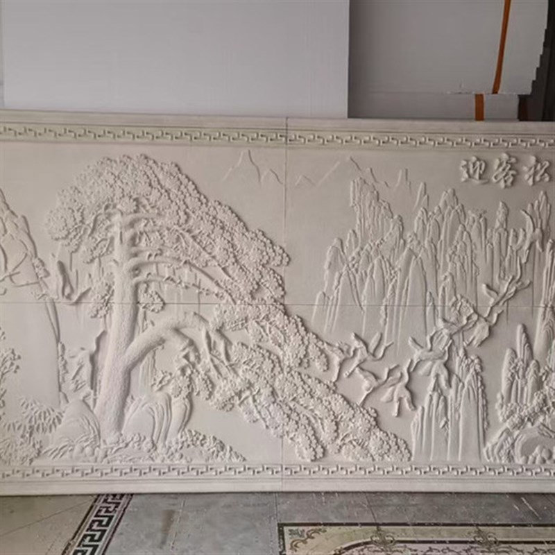 发泡陶瓷庭院影壁墙浮雕别墅外墙雕花迎宾墙壁画室外背景墙迎客松