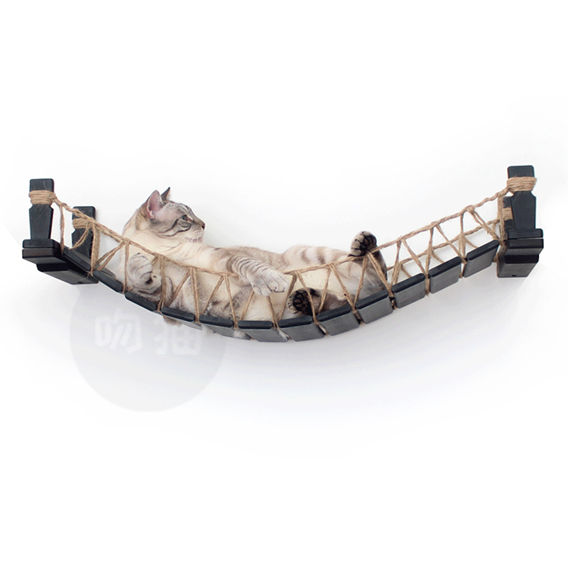 猫吊桥绳梯麻绳软梯木桥实木猫墙爬架宠物家具猫大桥挂壁式猫爬架