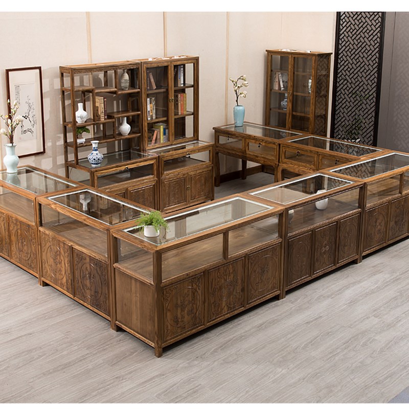 珠宝展示柜实木中式仿古榆木首饰玉器展示柜货柜精品展柜玻璃柜台