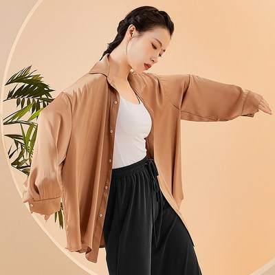 现代舞练功服男女宽松缎面长袖衬衣个性跳舞垂感演出形体集训服