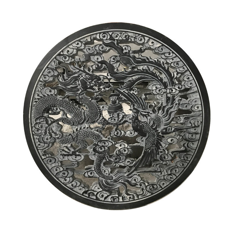 石雕龙凤窗花青石雕刻镂空窗户透雕窗棂墙壁浮雕龙凤呈祥中式装饰