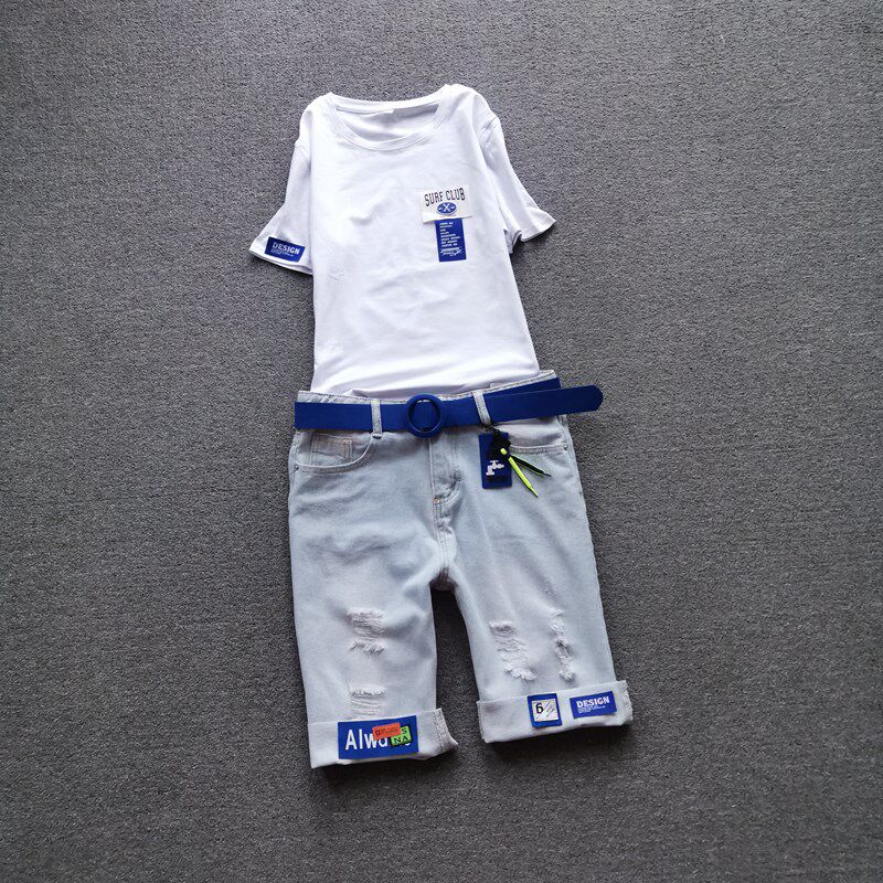 港味洋气套装女时尚白色t恤宽松显瘦翻边破洞牛仔五分裤两件套潮