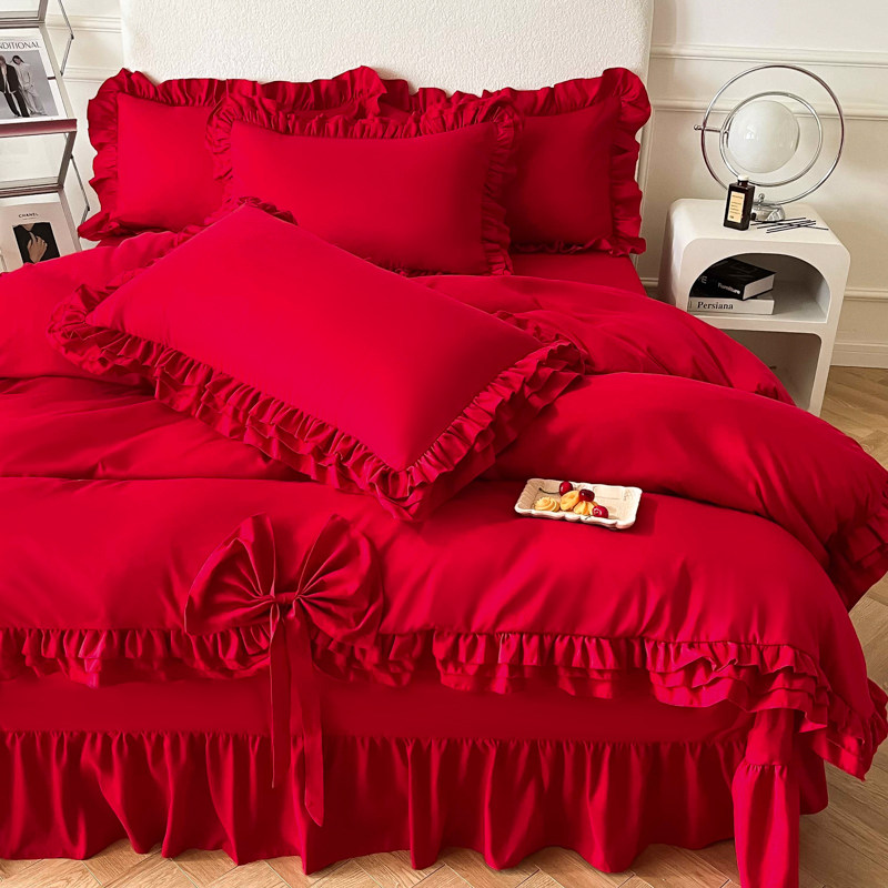 婚庆牀上用品红色牀裙四件套亲肤棉被套牀罩公主风结婚陪嫁喜被2M