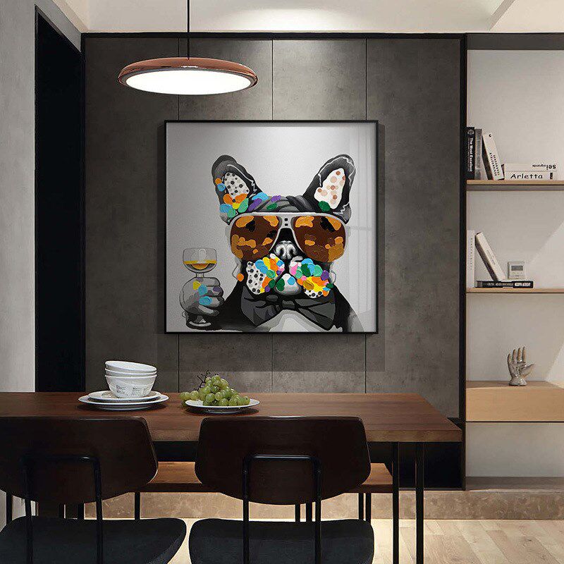 现代简约餐厅装饰画饭厅餐桌墙上挂画单幅卧室玄关墙面壁画酒杯狗