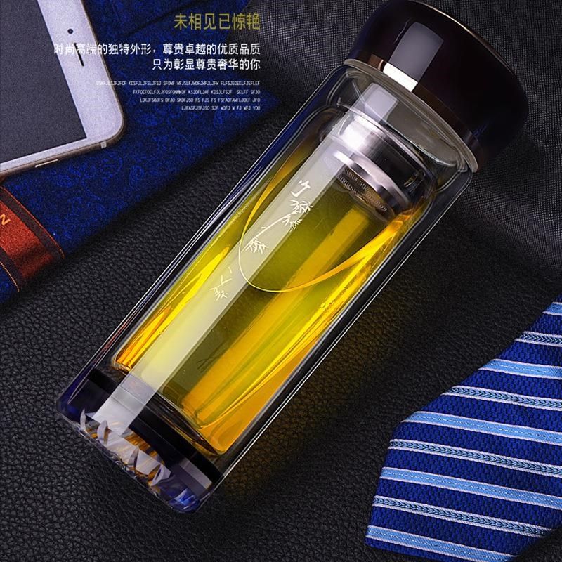 透明双层玻璃杯 厚底水晶杯带茶漏商务水杯礼品杯子定制logo
