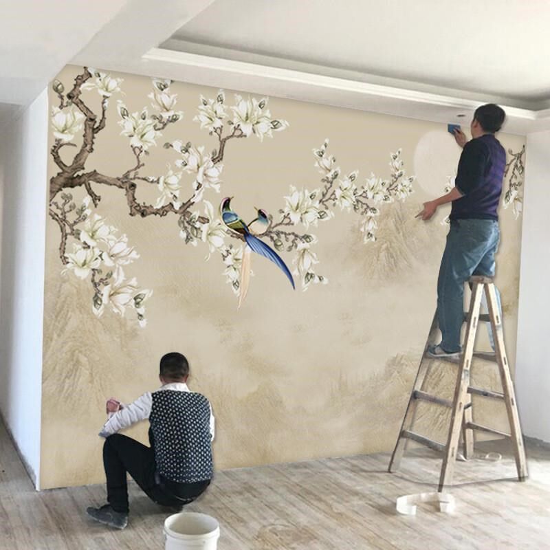 新中式电视背景墙壁画8d立体墙布花鸟5d墙纸壁布沙发客厅卧室贴画