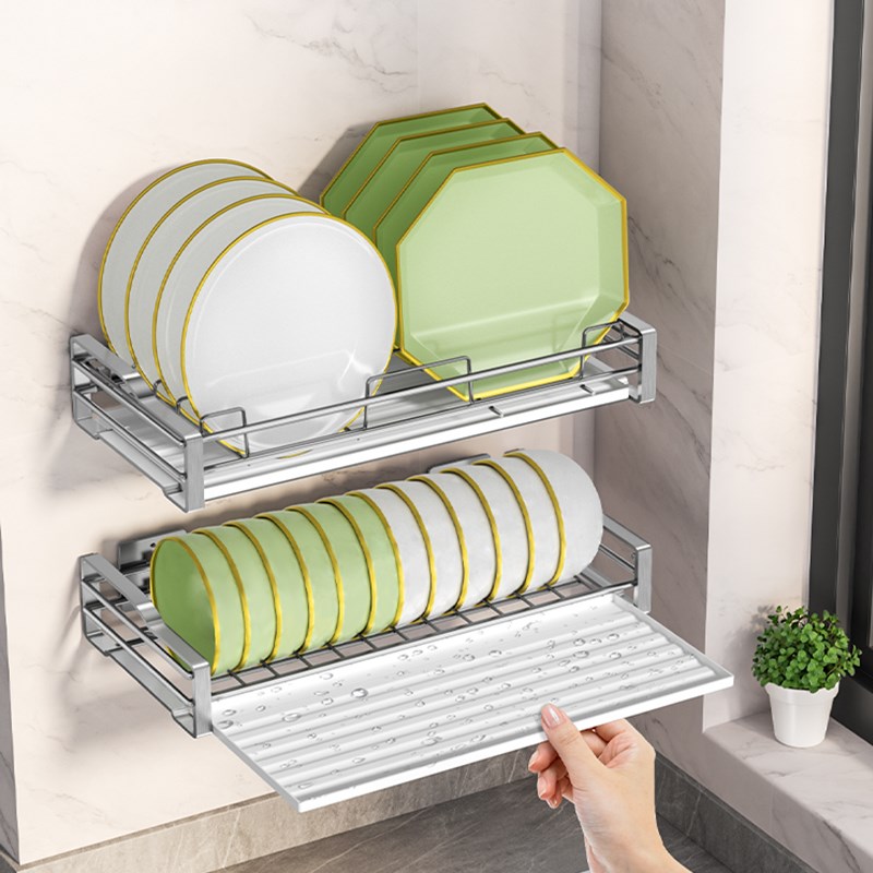 不锈钢碗碟收纳架免打孔碗架壁挂式碗盘沥水架上墙厨房置物架放碗