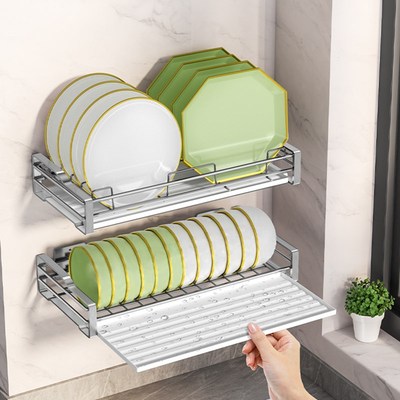 不锈钢碗碟收纳架免打孔碗架壁挂式碗盘沥水架上墙厨房置物架放碗