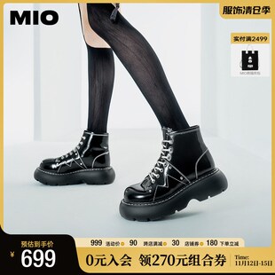 MIO米奥冬季工装短靴百搭加绒马D丁靴显瘦漆皮时装靴厚底女靴皮靴
