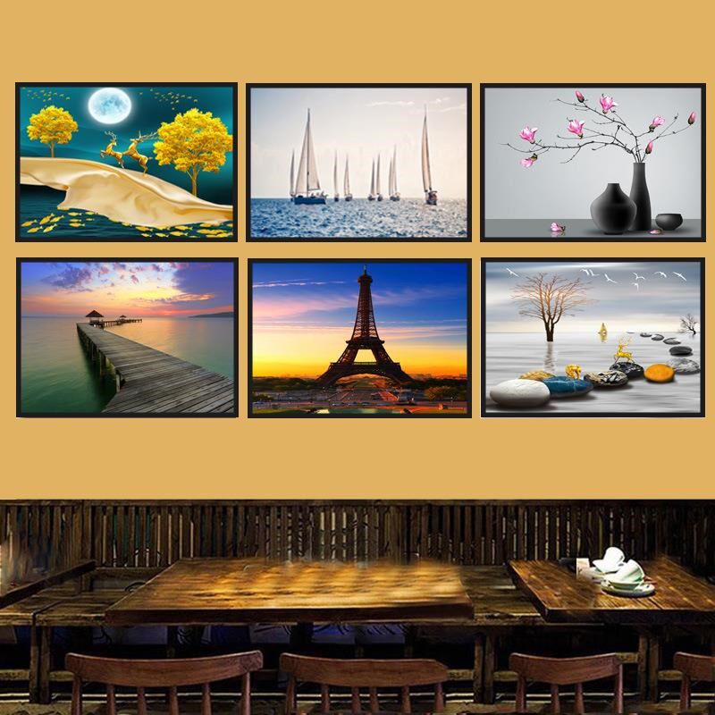 海鲜饭厅画饭店沙发挂画酒店装饰画火锅店挂画渔船渔民风景壁画