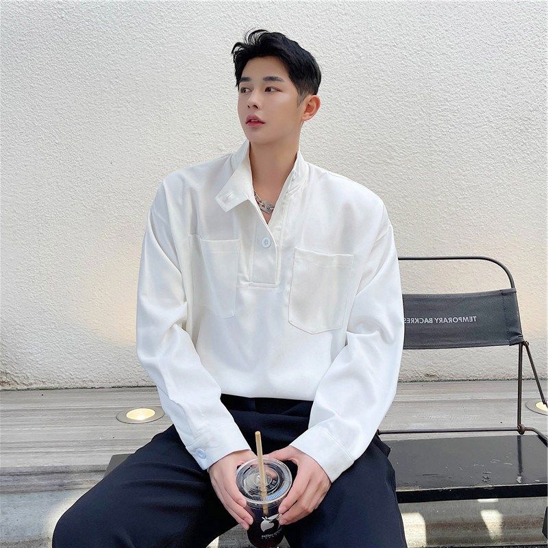 春季网红极简风白色衬衫男长袖宽松韩版小众设计感很仙的衬衣