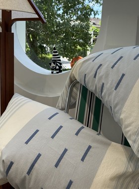 ins奶油风蓝色条纹A版提花B版水洗棉四件套1.5m1.8米纯棉床单被套