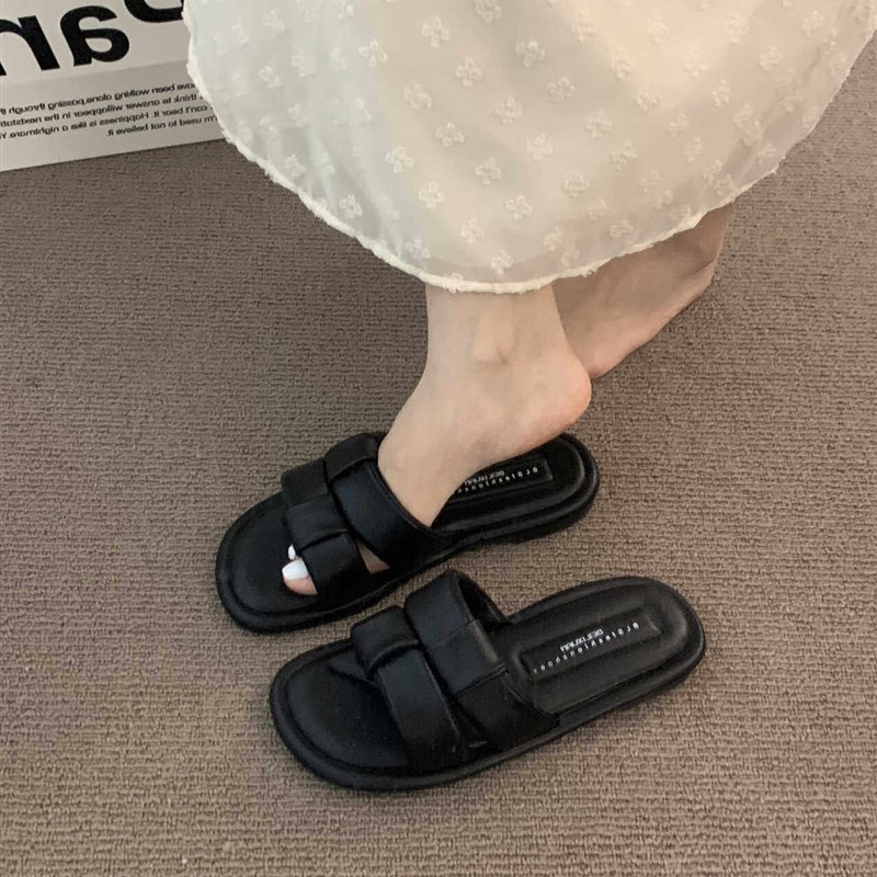 平底绝美凉拖鞋h女夏外穿2024新款超火黑色一字拖孕妇软底沙滩凉