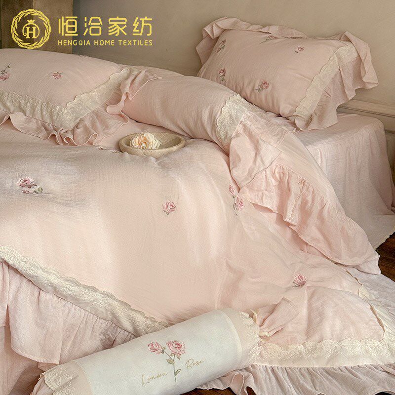少女心春夏皱皱纱四件套法式玫瑰刺绣蕾丝被套床上用品粉蓝色