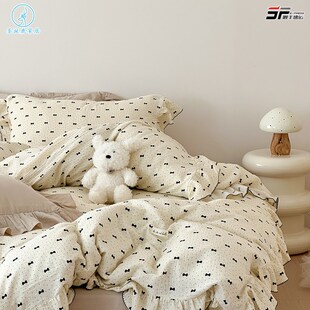 韩式少女心全棉双层绉绉纱四件套荷叶边纯棉超柔软被套儿童三件套