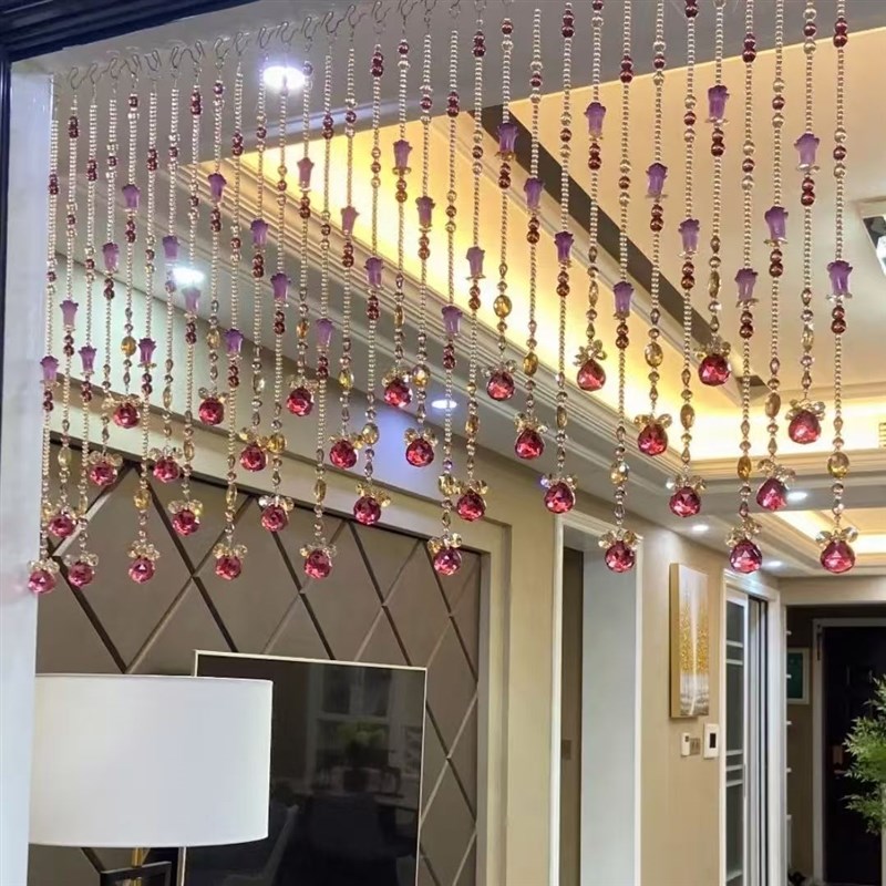 酒红色水晶网红珠帘雨淋形门帘挂帘隔断帘玄关厅卧室免打孔装饰帘