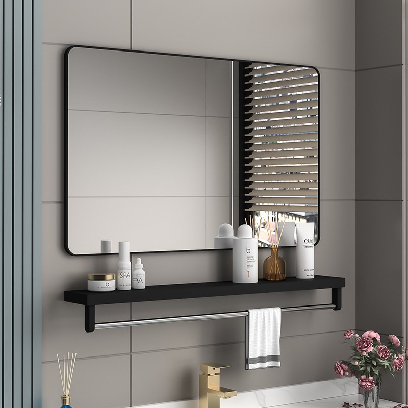 浴室方镜挂墙式方镜免打孔卫生间梳妆镜子带毛巾置物架横竖随意挂