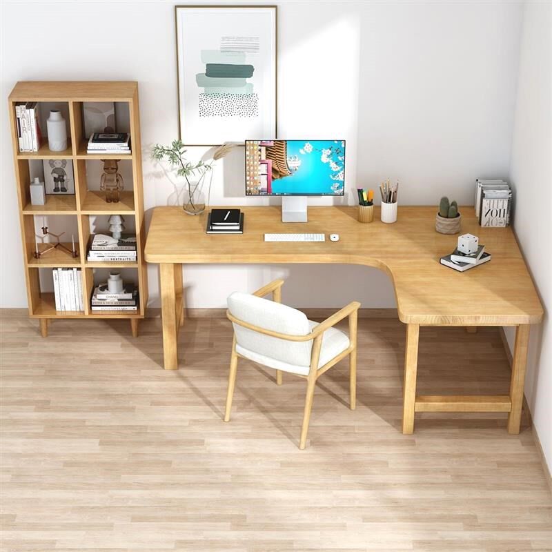 实木转角电脑桌台式书桌家用学习桌子l型书桌V飘窗书桌椅组合
