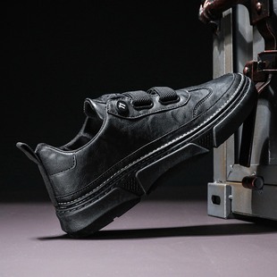 春季懒人皮鞋男不系鞋带男鞋子韩版潮流全黑色豆豆厨房厨师鞋防滑