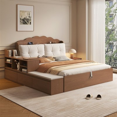 2025年新款橡木全实木床1米8高箱收纳床现代简约收纳双人主卧大床