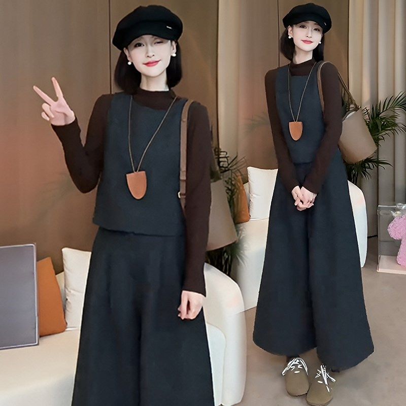 2024年秋冬季新款高级感毛x呢时尚马甲套装女气质九分阔腿裤三件