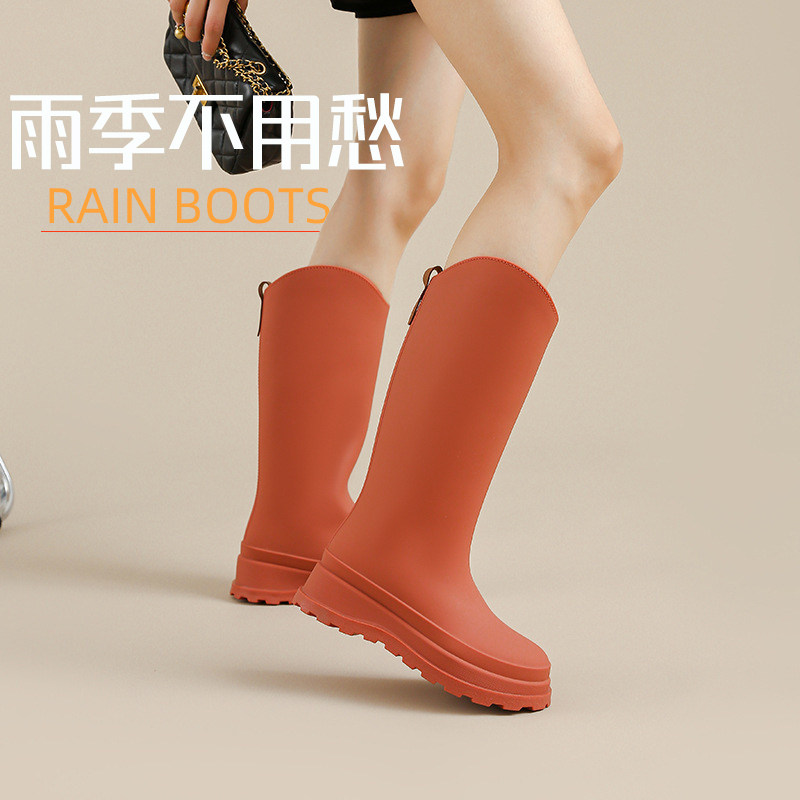新款高筒时尚雨靴女款厚底防水防滑耐磨内胆带绒雨鞋女士时尚网红