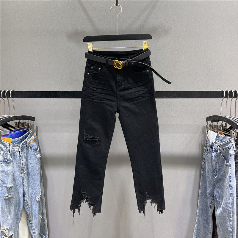 黑色牛仔烟管裤女2024春夏不规则E破洞毛边直筒裤显瘦小个子八分