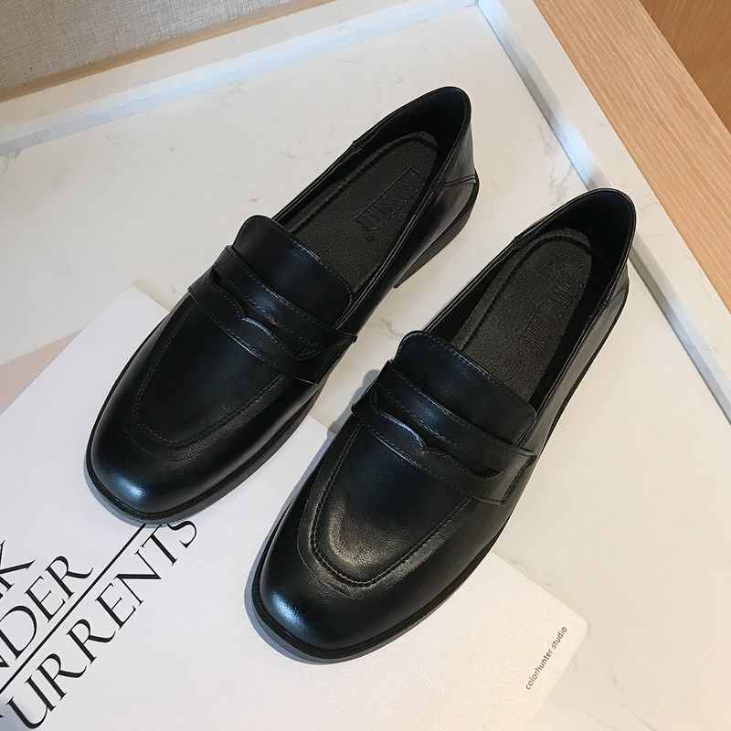 单鞋女秋冬软底职业上班s小皮鞋英伦风黑色百搭平底鞋一脚蹬小黑