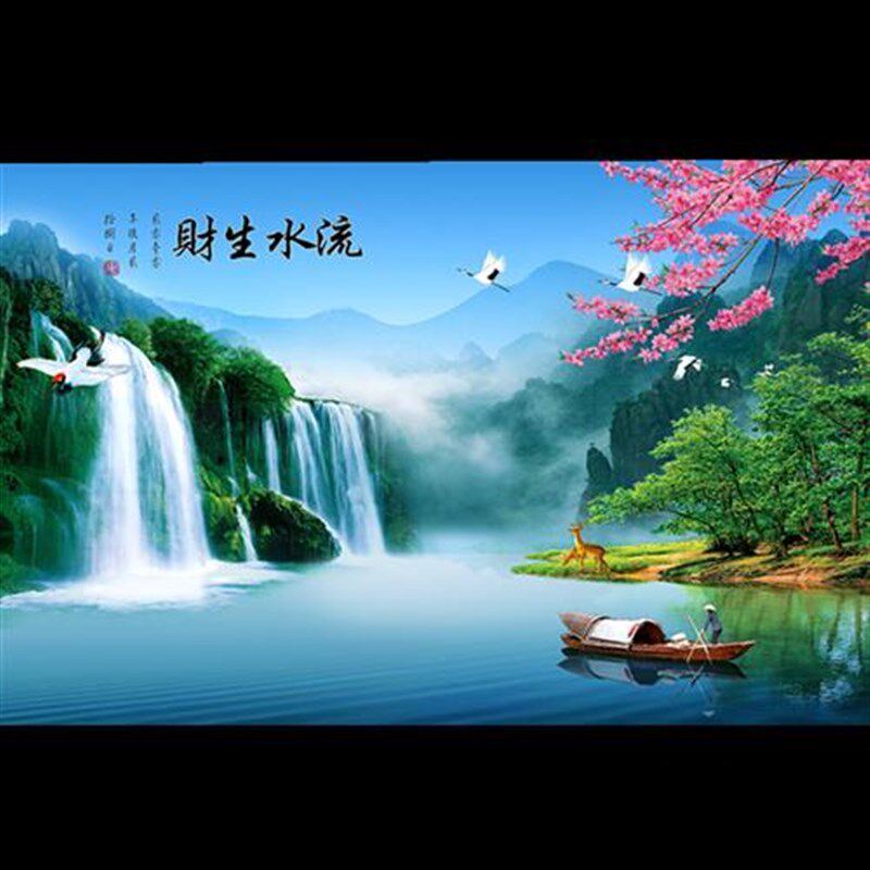 新款鱼缸背景贴纸 新款高清贴图定制风景字画流水生财缸外带胶水