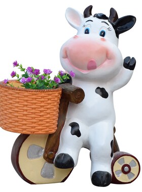 户外庭院花园装饰卡通奶牛花缸幼儿园草坪摆件欢迎牌雕塑动物花盆