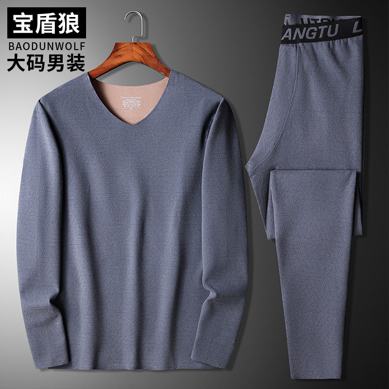 加肥加大码纯色宽松胖子V领秋衣卫生裤德绒保暖无痕内衣.套装两件