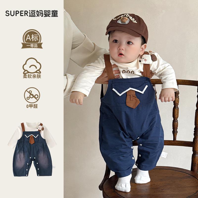 婴幼儿秋b装2026新款洋气时髦男宝宝背带裤套装周岁外出服春秋款