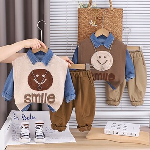 男童秋装2025新款洋气时髦儿童套装婴儿宝宝帅气毛衣马甲三件套潮