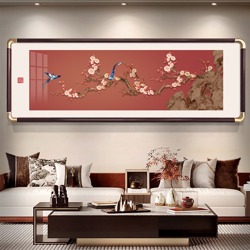 喜上枝头客厅装饰画新中式高级感沙发背景墙挂画横幅喜庆花鸟壁画