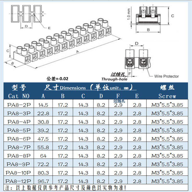 PA8接线g端子贯通式一字螺丝两位接线柱230-2P半透阻燃端子台