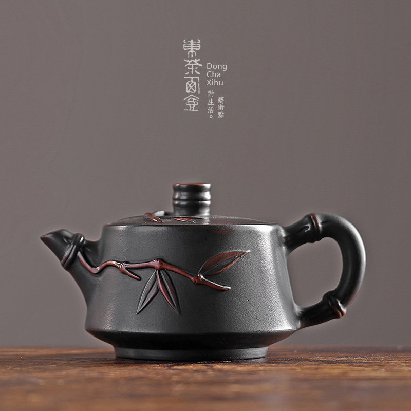 云南紫陶竹段壶半手工浮雕竹节非紫D砂茶壶建水功夫茶具泡茶器小