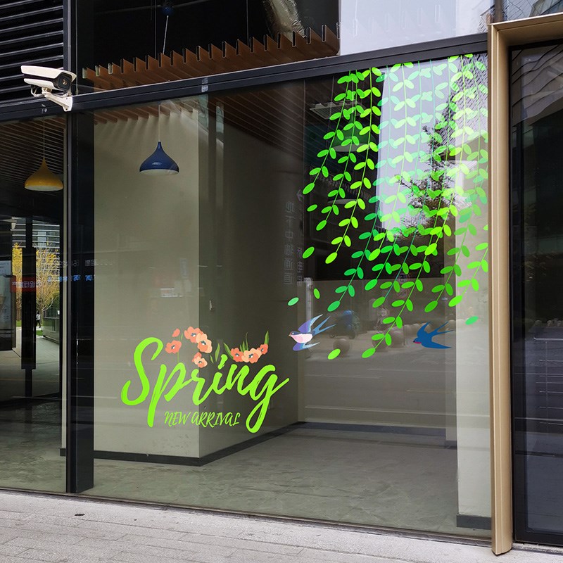 春天装饰品超大静电简约店铺服饰玻璃贴膜柳树绿色餐厅商场氛围