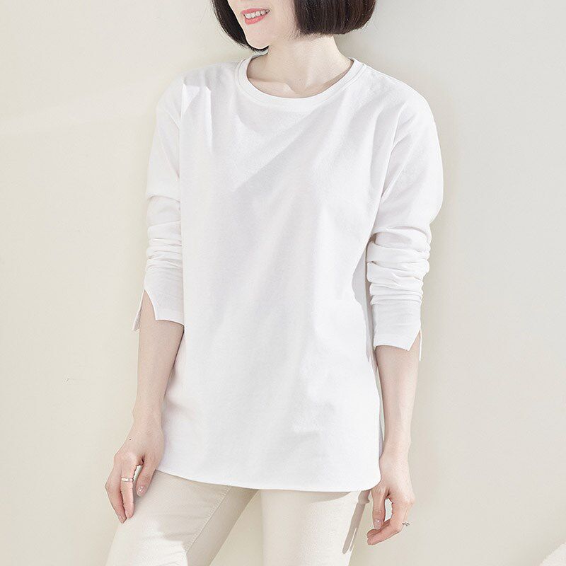 全棉白色中长款t恤女长袖宽松遮屁股开叉洋气大码圆领纯棉打底衫