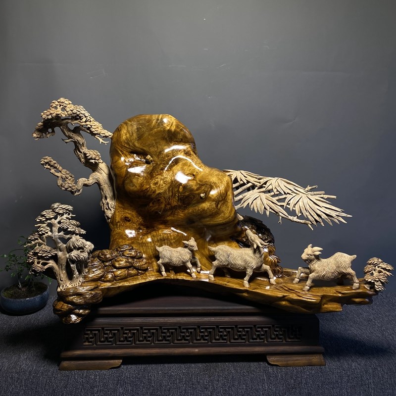 金丝楠木三羊开泰大摆件精品木雕根雕中式手工办公室家居装饰品