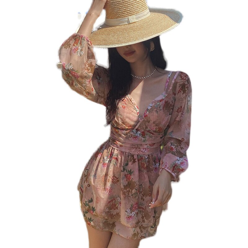 泳衣女连体平角裙式印花小胸聚拢保守遮肚显瘦长袖大码温泉泳装女