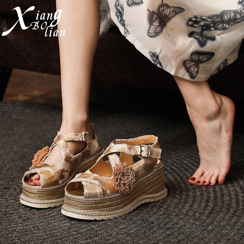 手工鞋高级感小众高跟松糕底凉鞋女交叉鱼嘴坡跟厚底拖鞋外穿女夏