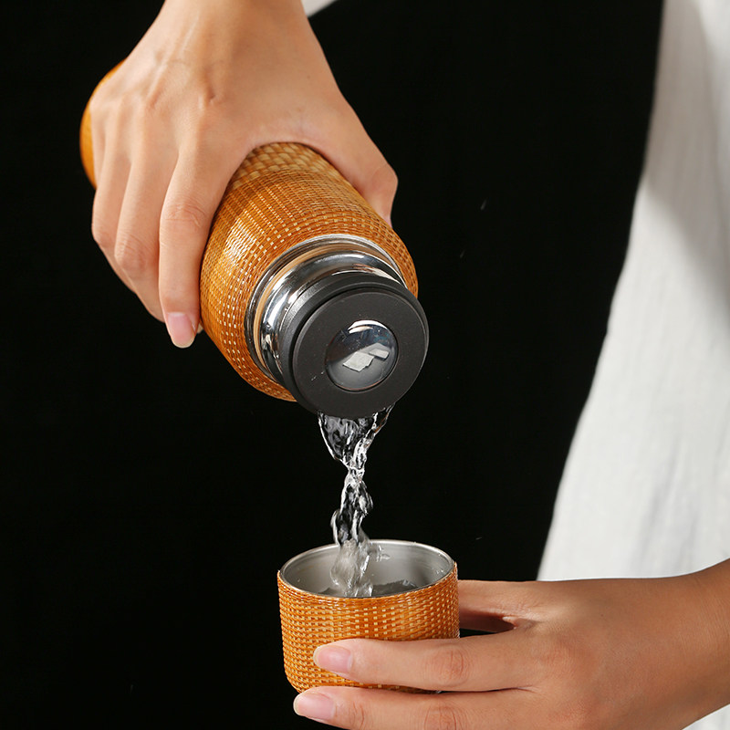 手工竹编陶瓷内胆保温杯大容量保C温壶便携显温水杯茶杯水瓶保温