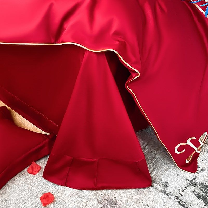 高档中式刺绣全棉婚庆四件套大红色床单被套纯棉陪嫁结婚床上用品